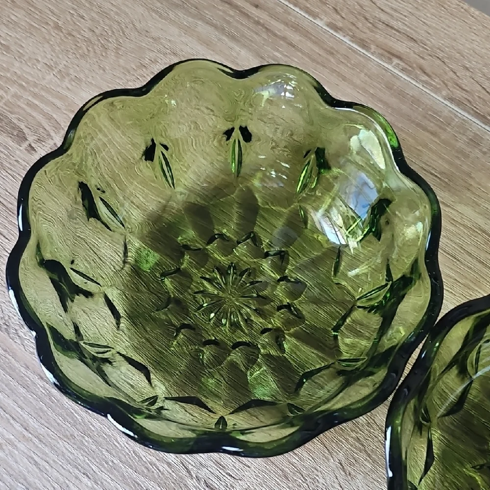 Pair Of Elegant Green Glass Bowls with Scalloped Design 6inch Diameter